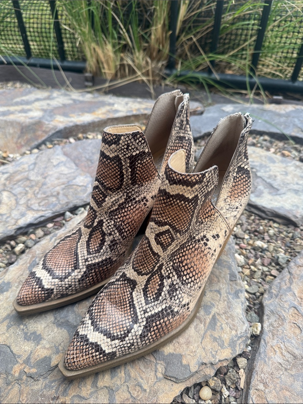 Vince Camuto Brown Snake-Print Pointed Ankle Boots